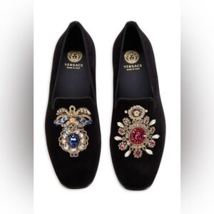 VERSACE Embellished Velvet & Leather Shoes